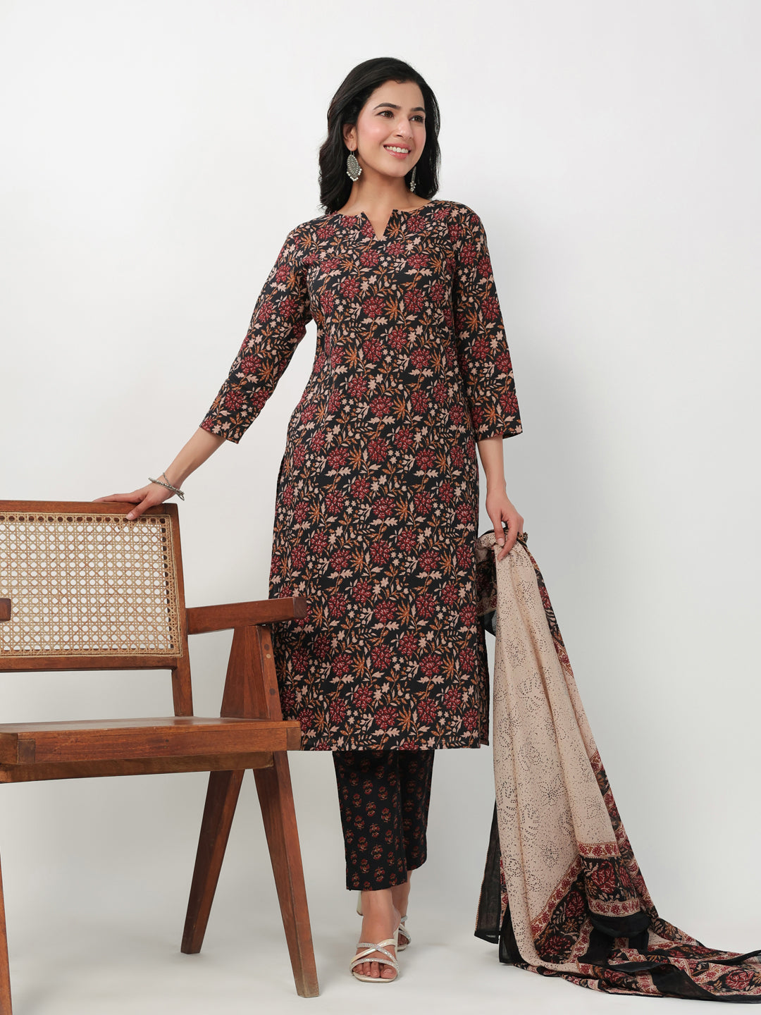 Black Cotton Floral Printed Straight Kurta Set  - By Janasya