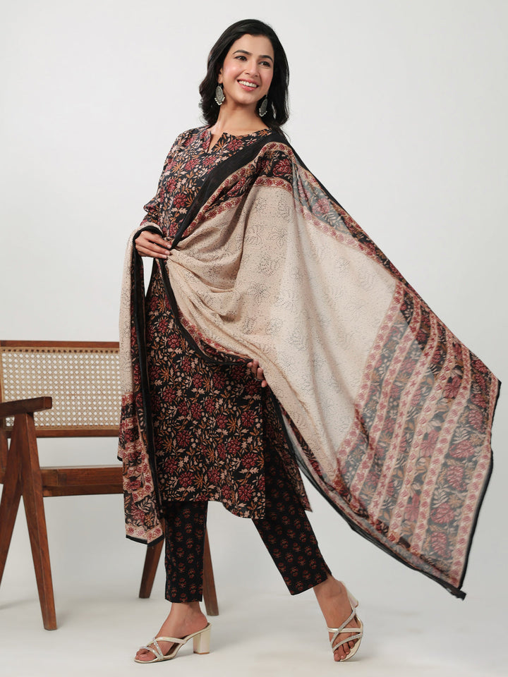 Black Cotton Floral Printed Straight Kurta Set  - By Janasya