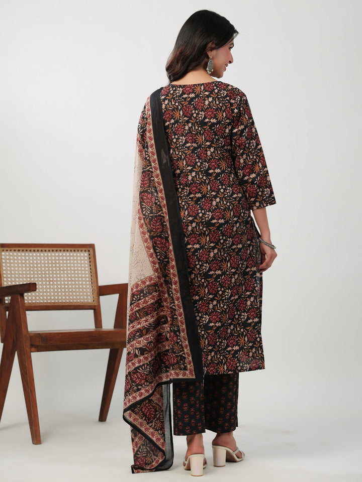 Black Cotton Floral Printed Straight Kurta Set  - By Janasya