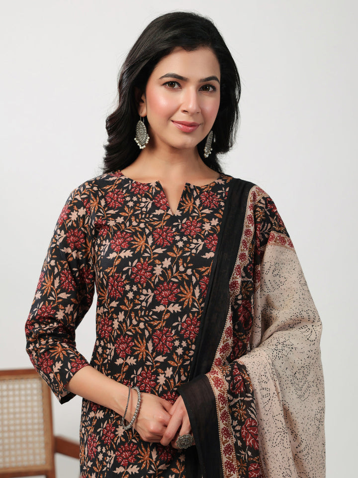 Black Cotton Floral Printed Straight Kurta Set  - By Janasya