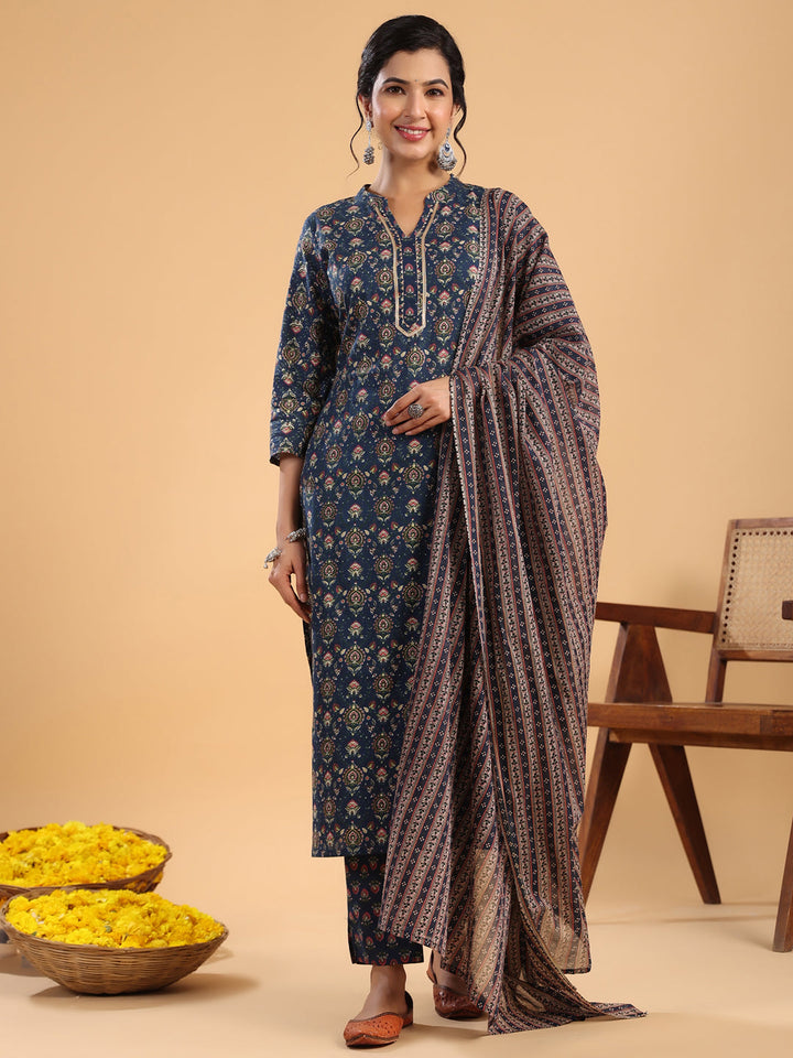 Dark Blue Cotton Ethnic Motifs Straight Kurta Set  - By Janasya