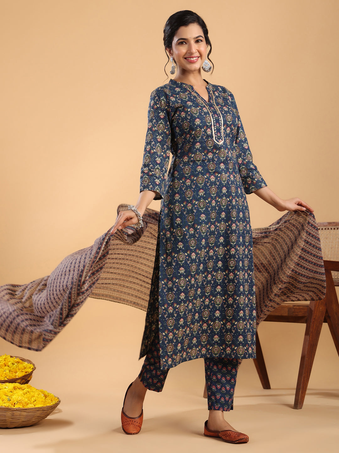 Dark Blue Cotton Ethnic Motifs Straight Kurta Set  - By Janasya