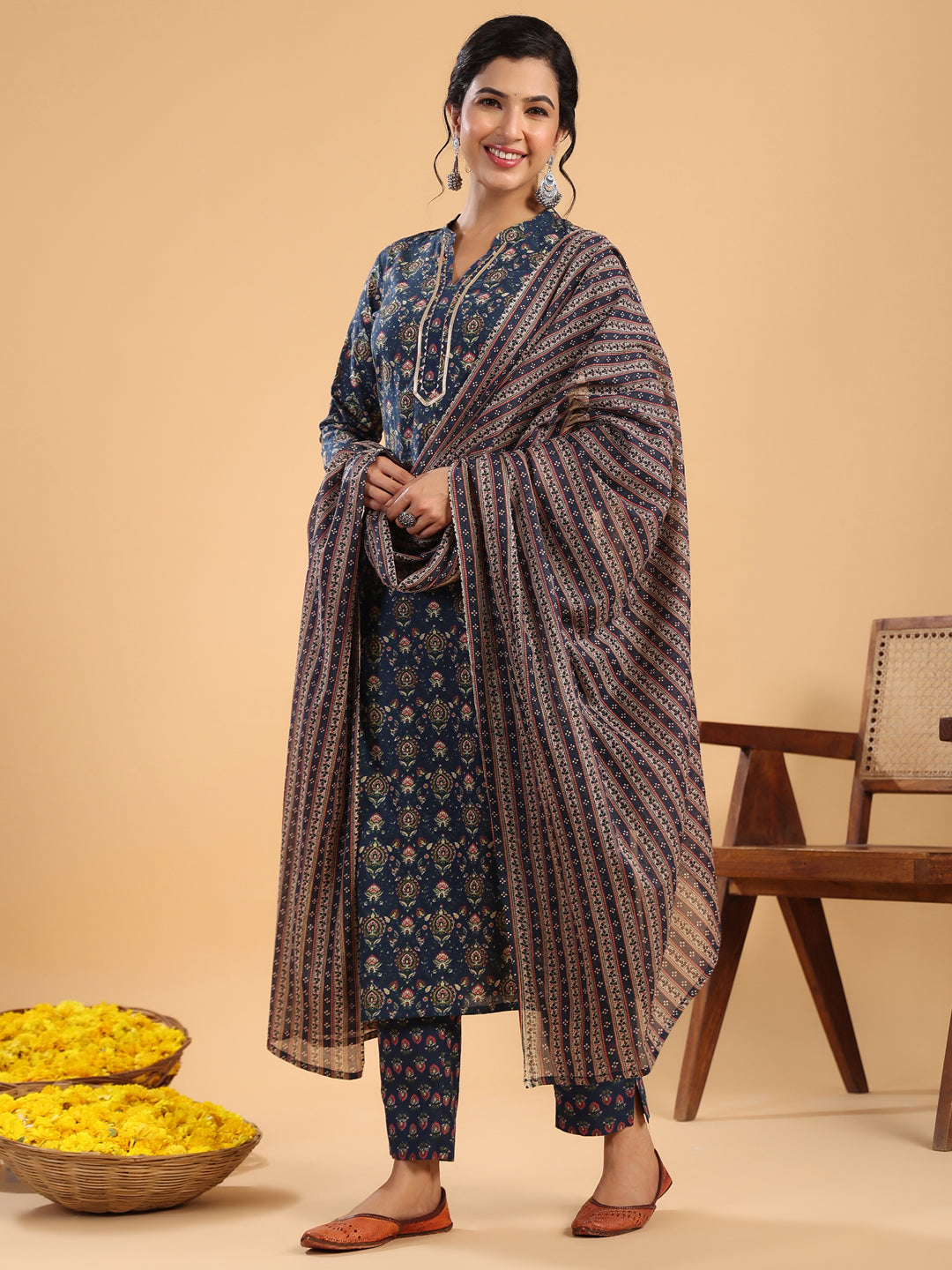 Dark Blue Cotton Ethnic Motifs Straight Kurta Set  - By Janasya