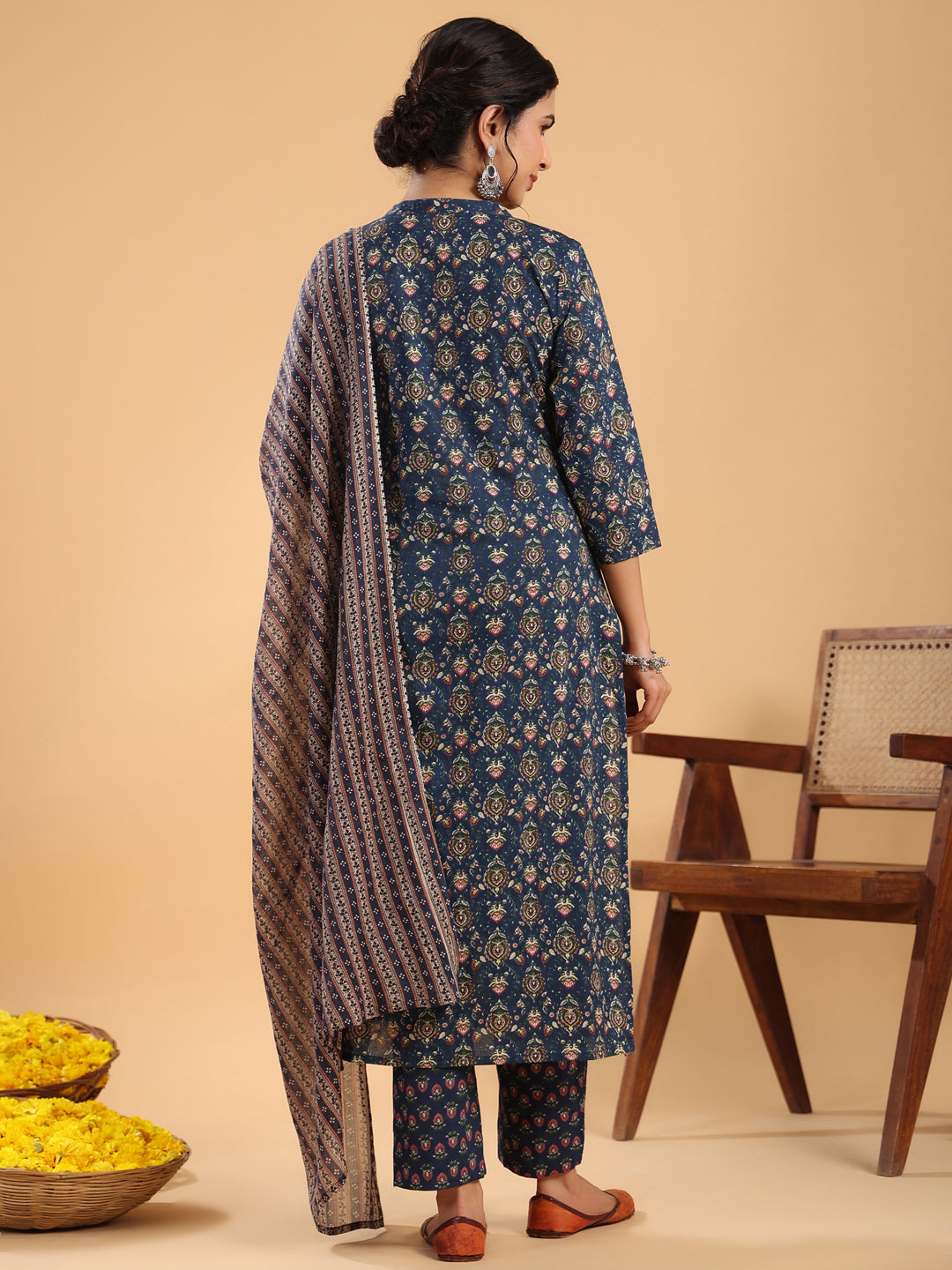 Dark Blue Cotton Ethnic Motifs Straight Kurta Set  - By Janasya