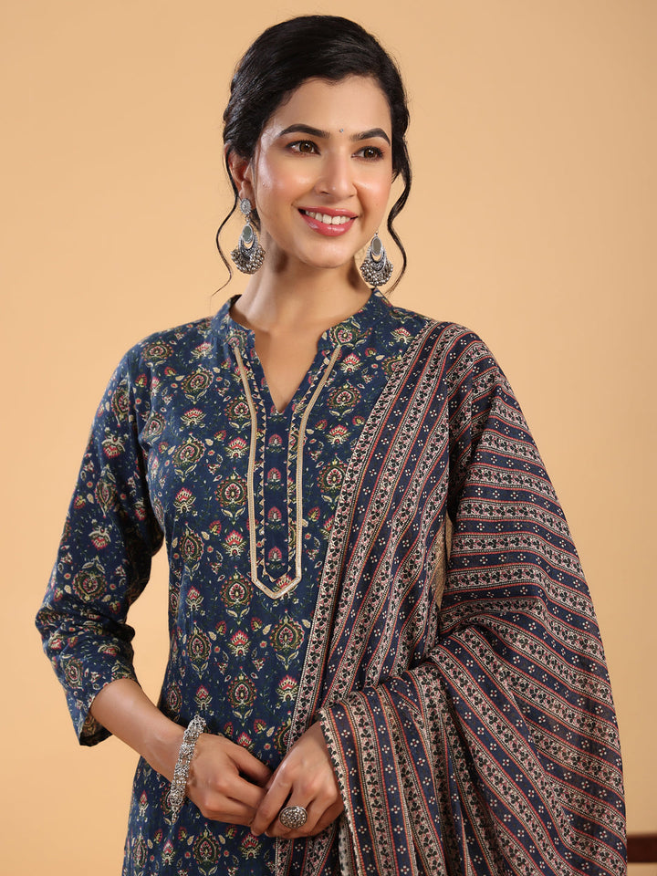 Dark Blue Cotton Ethnic Motifs Straight Kurta Set  - By Janasya