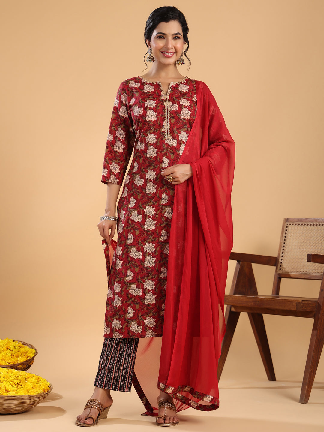 Maroon Cotton Printed Regular Kurta Set  - By Janasya