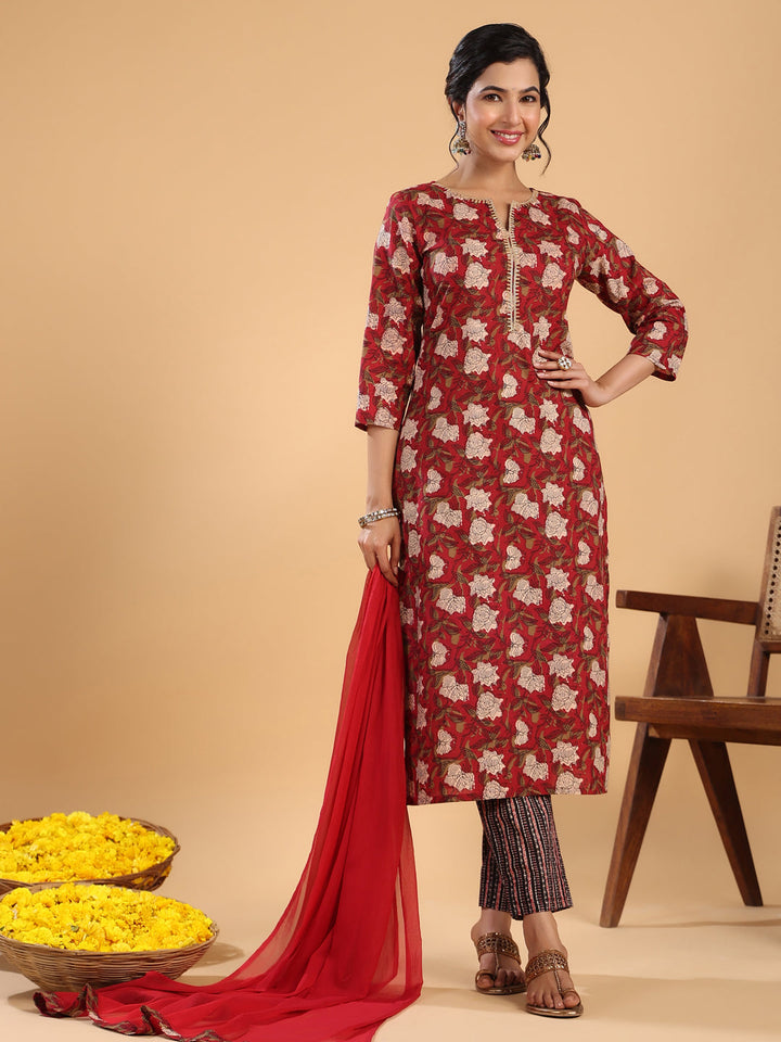 Maroon Cotton Printed Regular Kurta Set  - By Janasya