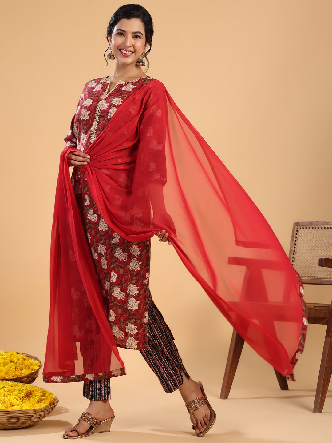 Maroon Cotton Printed Regular Kurta Set  - By Janasya