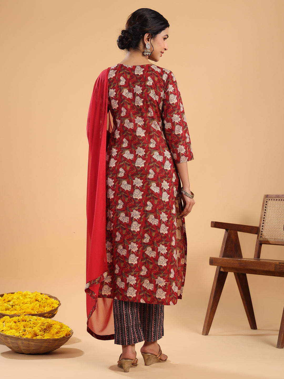 Maroon Cotton Printed Regular Kurta Set  - By Janasya