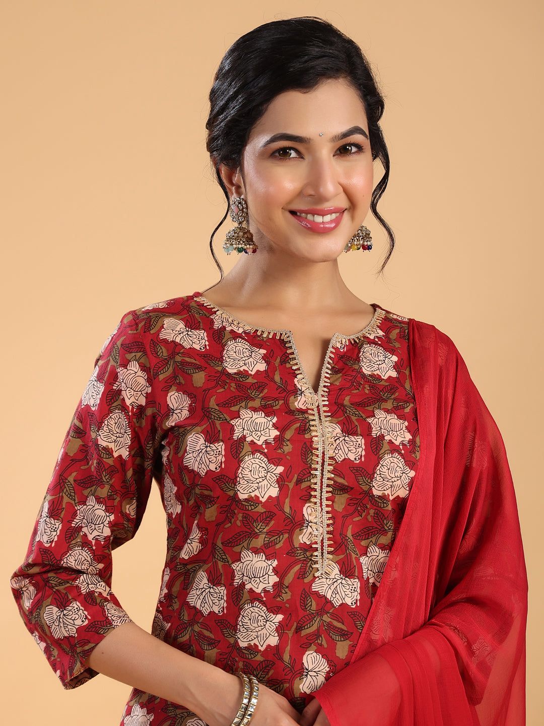 Maroon Cotton Printed Regular Kurta Set  - By Janasya