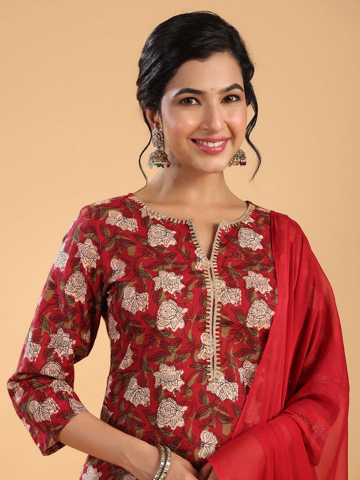 Maroon Cotton Printed Regular Kurta Set  - By Janasya