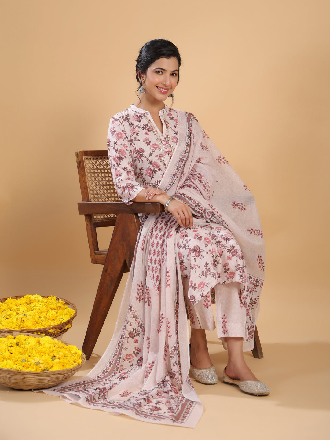 Peach Cotton Floral Regular Kurta Set  - By Janasya