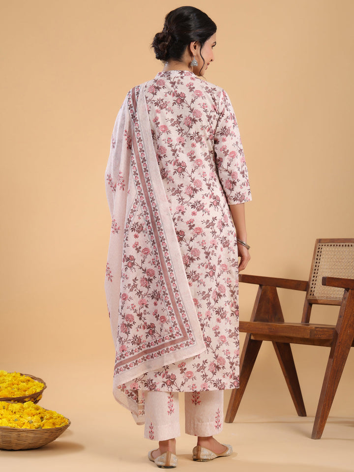 Peach Cotton Floral Regular Kurta Set  - By Janasya