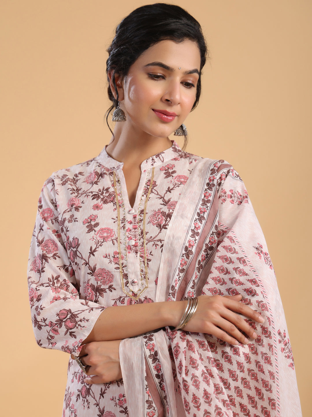 Peach Cotton Floral Regular Kurta Set  - By Janasya