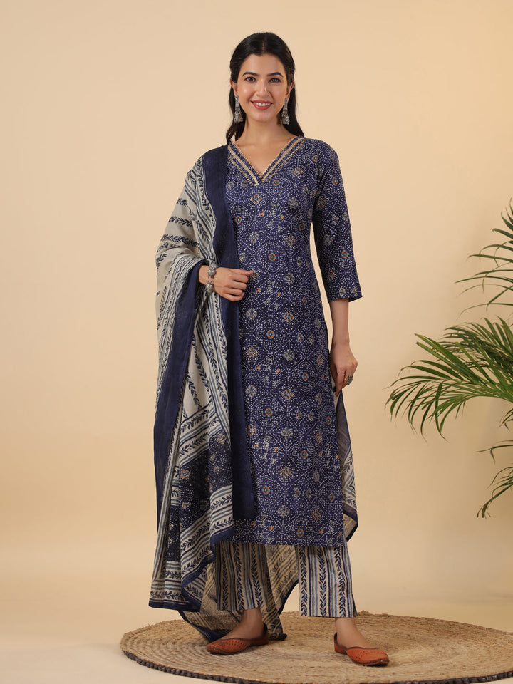 Dark Blue Cotton Bandhani Straight Kurta Set  - By Janasya