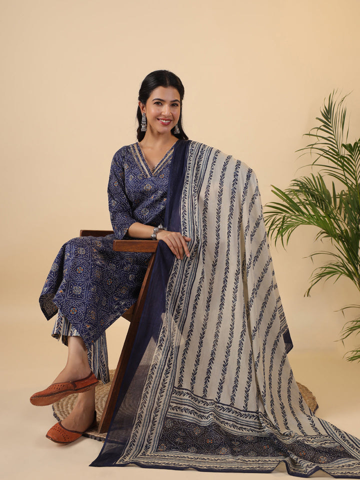 Dark Blue Cotton Bandhani Straight Kurta Set  - By Janasya