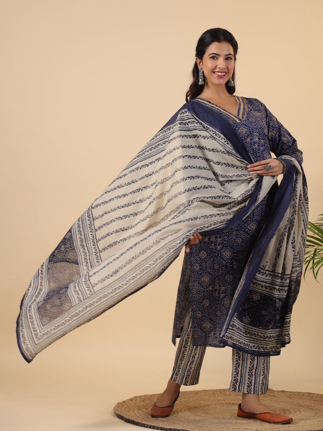 Dark Blue Cotton Bandhani Straight Kurta Set  - By Janasya