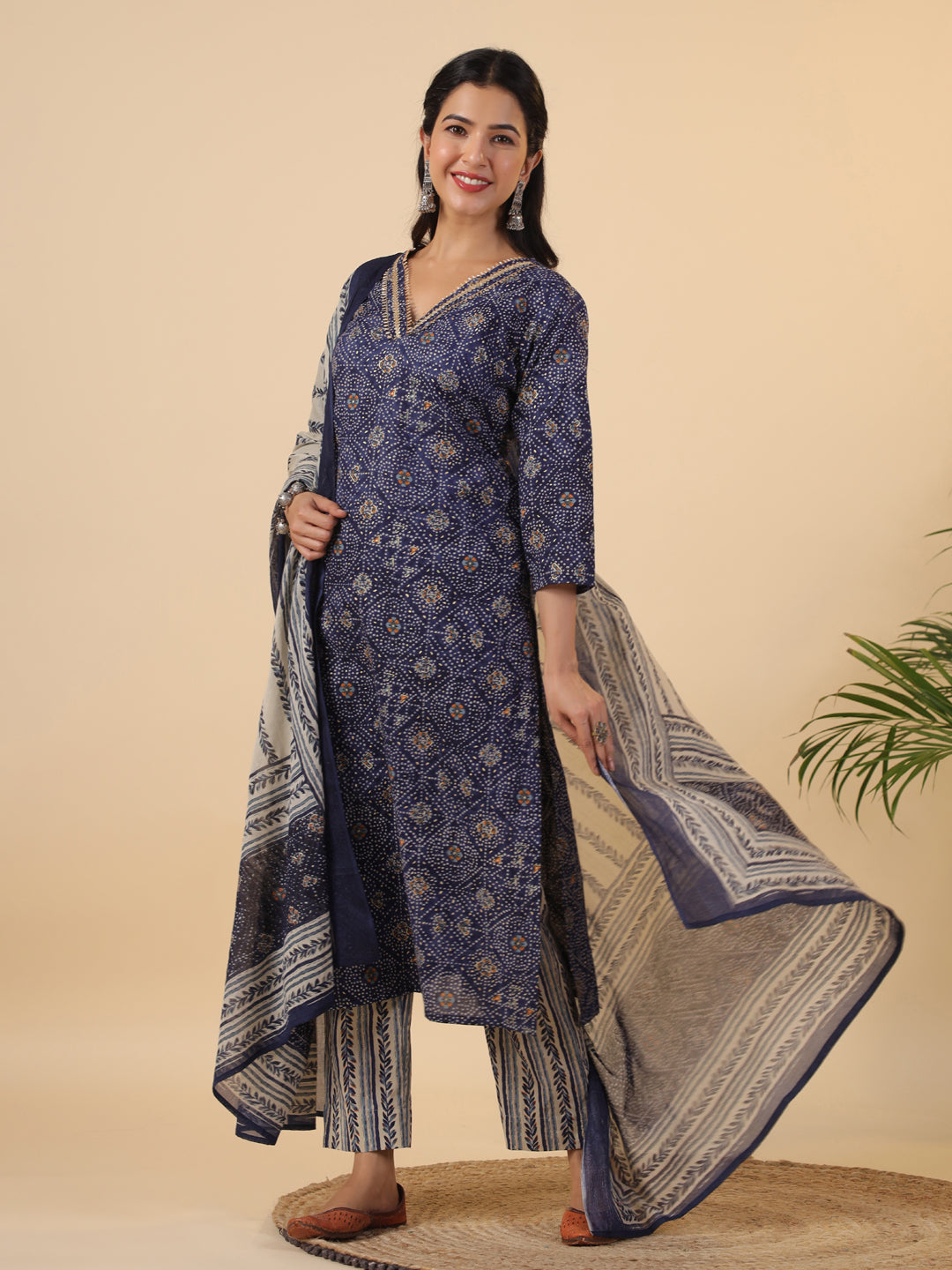 Dark Blue Cotton Bandhani Straight Kurta Set  - By Janasya