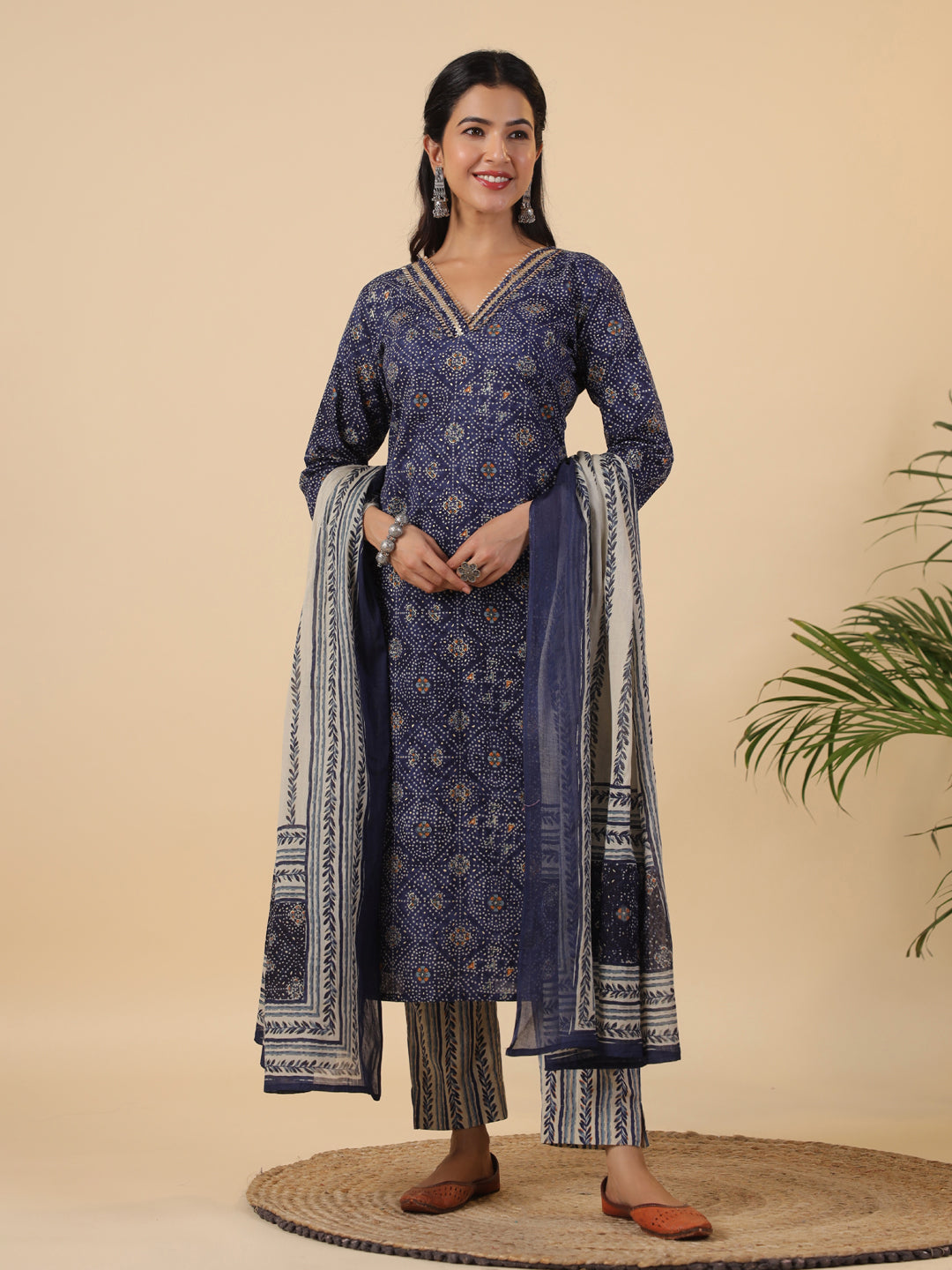 Dark Blue Cotton Bandhani Straight Kurta Set  - By Janasya