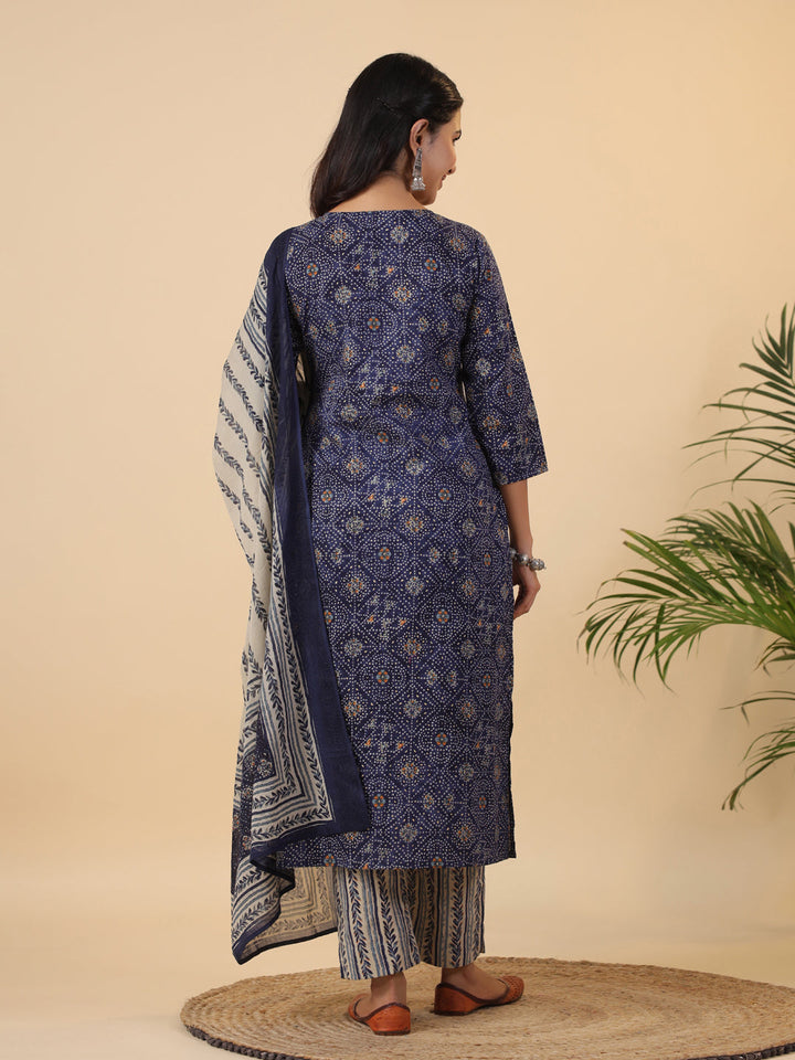 Dark Blue Cotton Bandhani Straight Kurta Set  - By Janasya