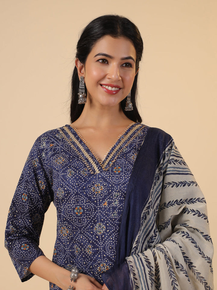 Dark Blue Cotton Bandhani Straight Kurta Set  - By Janasya