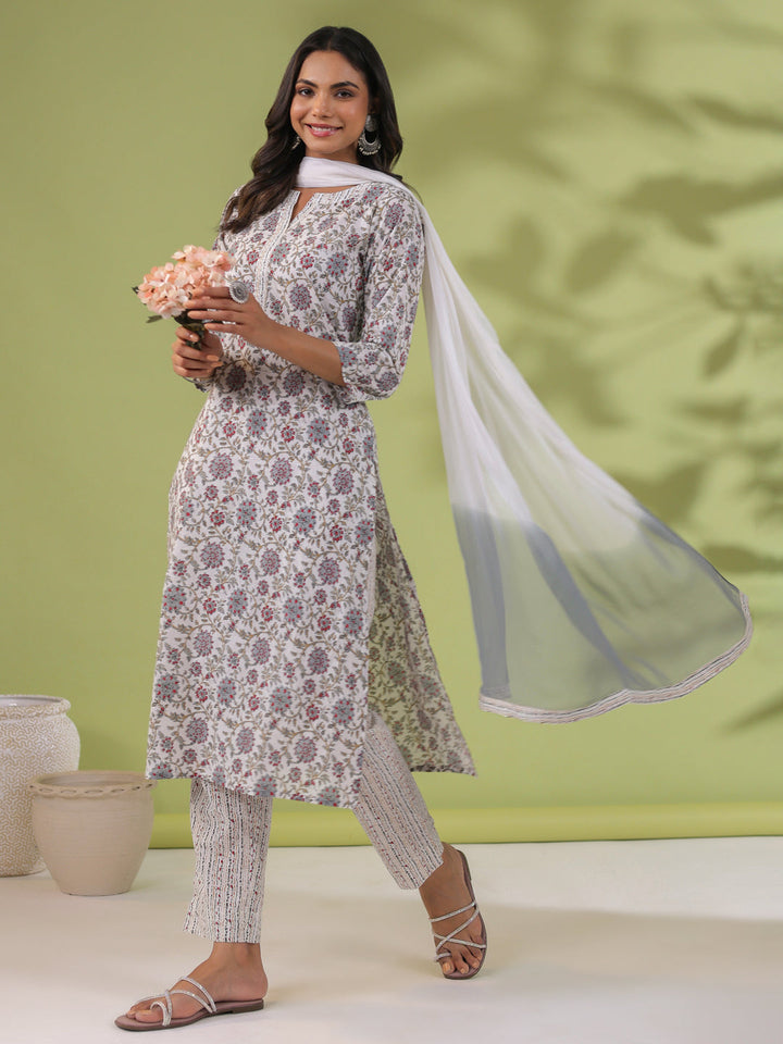 White Cotton Floral Regular Kurta Set  - By Janasya