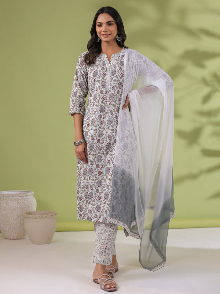 White Cotton Floral Regular Kurta Set  - By Janasya