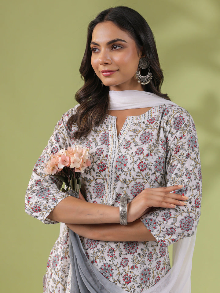 White Cotton Floral Regular Kurta Set  - By Janasya