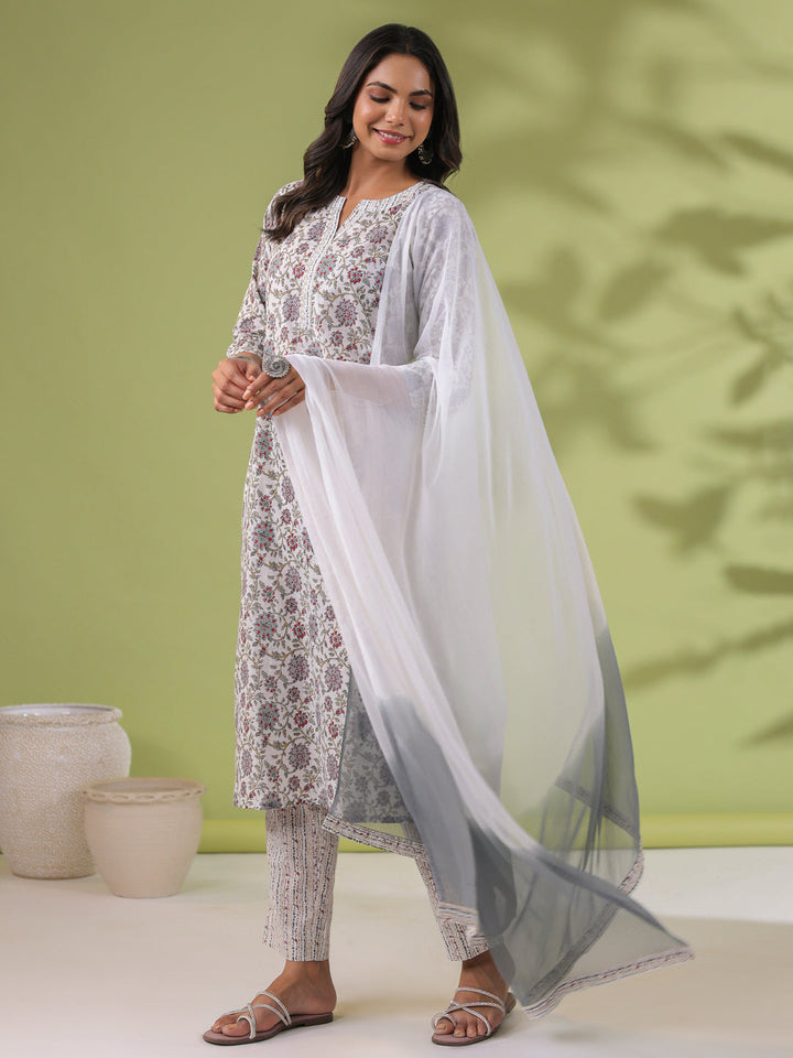 White Cotton Floral Regular Kurta Set  - By Janasya