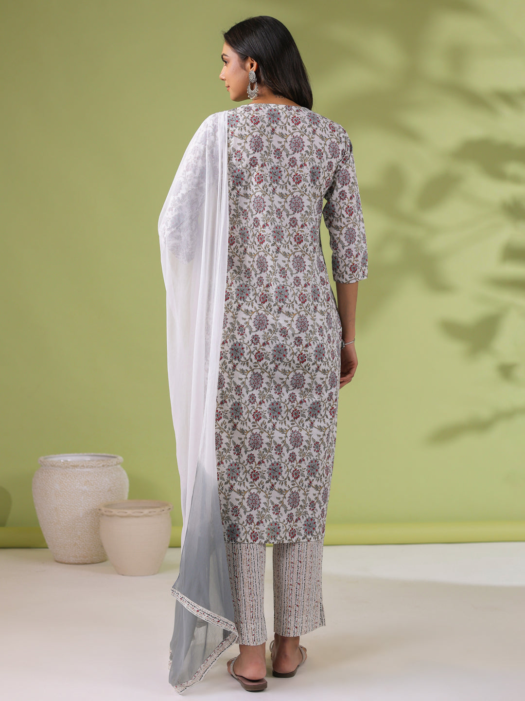 White Cotton Floral Regular Kurta Set  - By Janasya