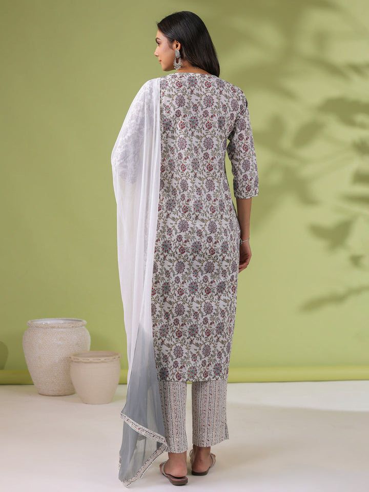 White Cotton Floral Regular Kurta Set  - By Janasya