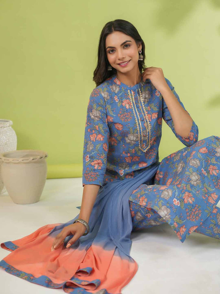 Blue Cotton Floral Straight Kurta Set  - By Janasya