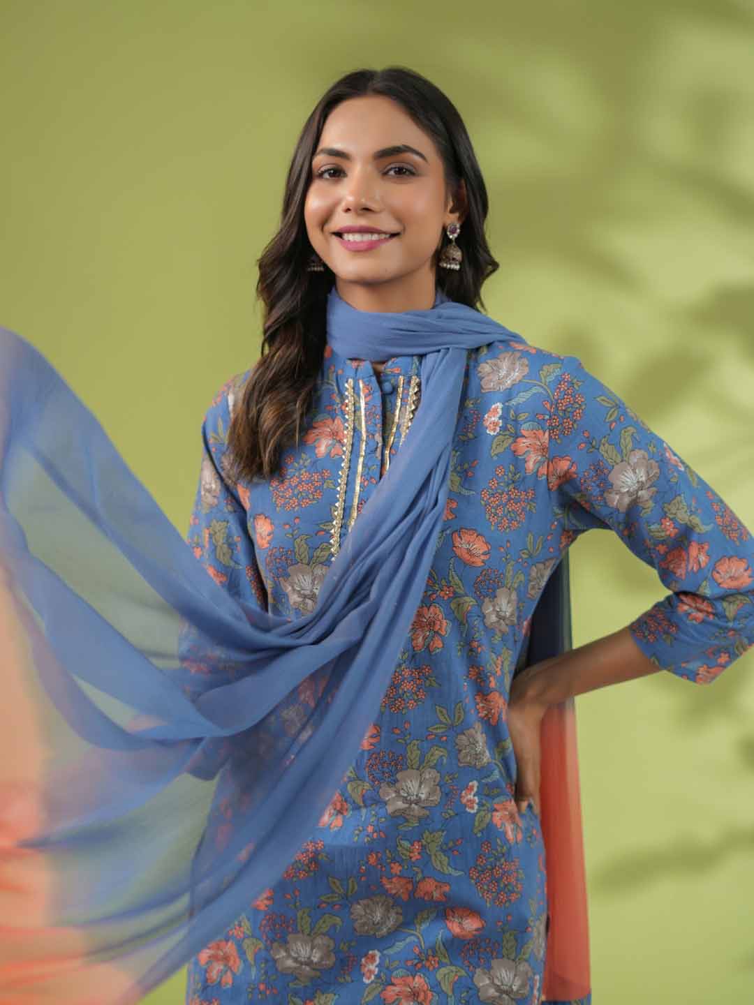 Blue Cotton Floral Straight Kurta Set  - By Janasya