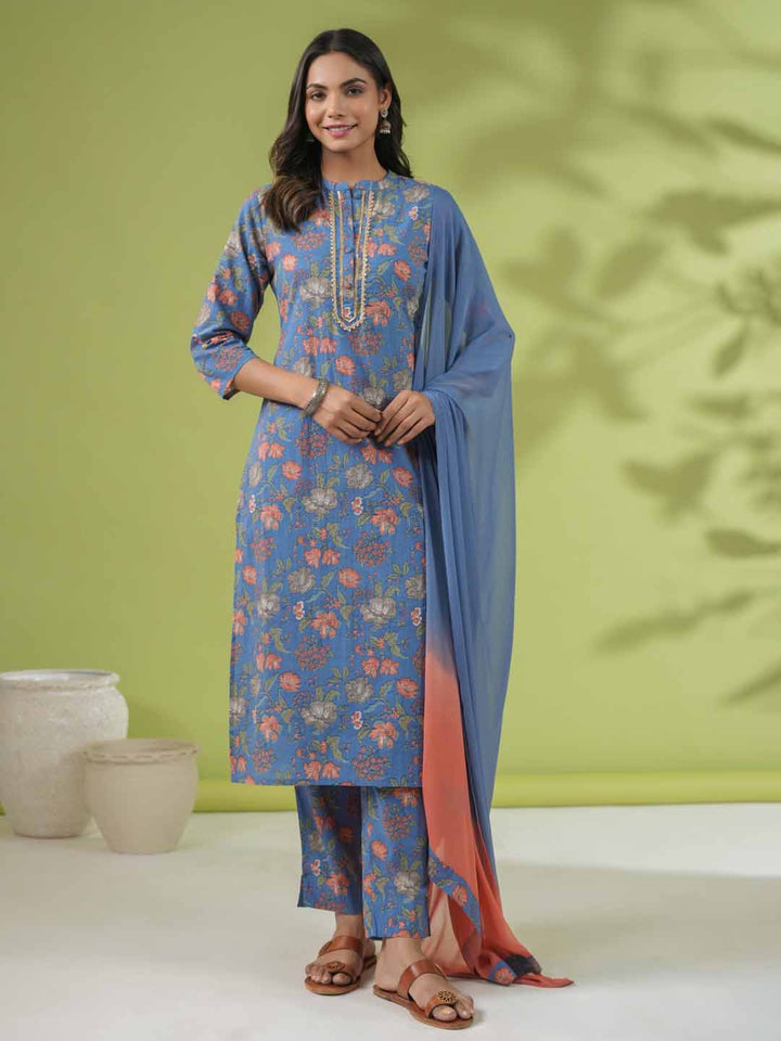 Blue Cotton Floral Straight Kurta Set  - By Janasya