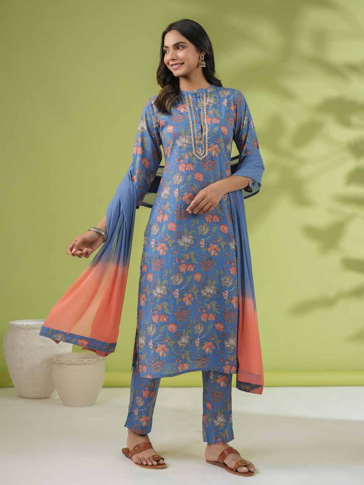 Blue Cotton Floral Straight Kurta Set  - By Janasya