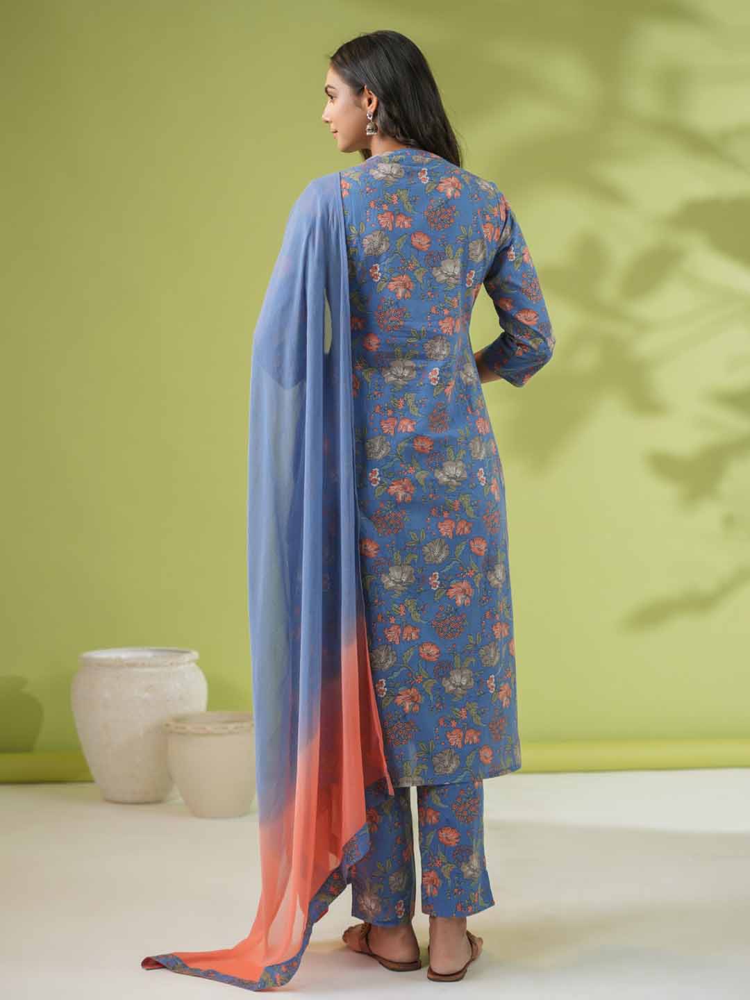 Blue Cotton Floral Straight Kurta Set  - By Janasya