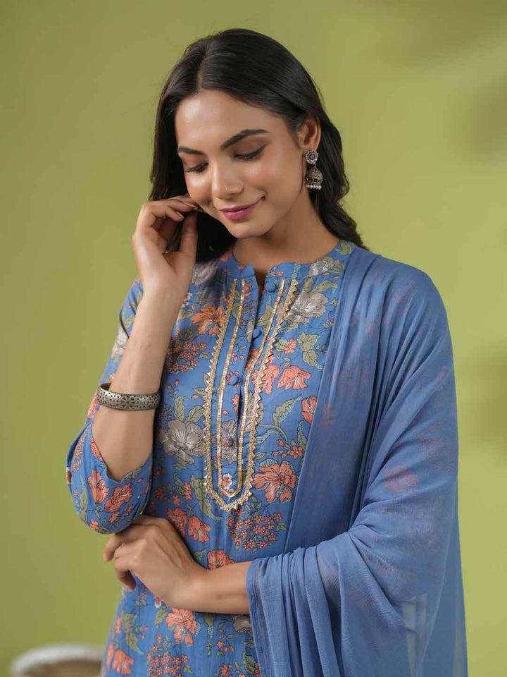 Blue Cotton Floral Straight Kurta Set  - By Janasya