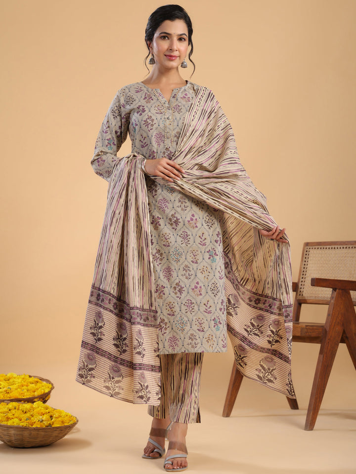 Cream Cotton Floral Regular Kurta Set  - By Janasya