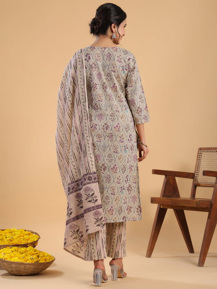 Cream Cotton Floral Regular Kurta Set  - By Janasya