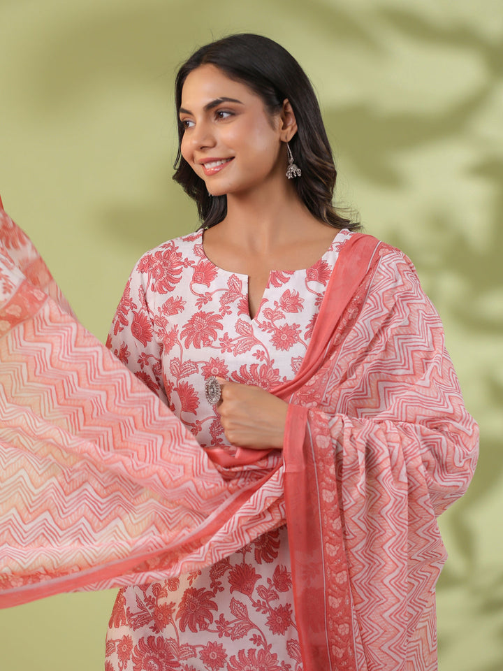 White Cotton Floral Straight Kurta Set  - By Janasya