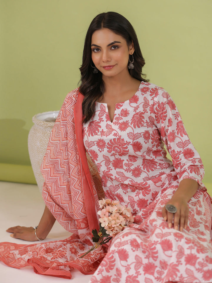 White Cotton Floral Straight Kurta Set  - By Janasya