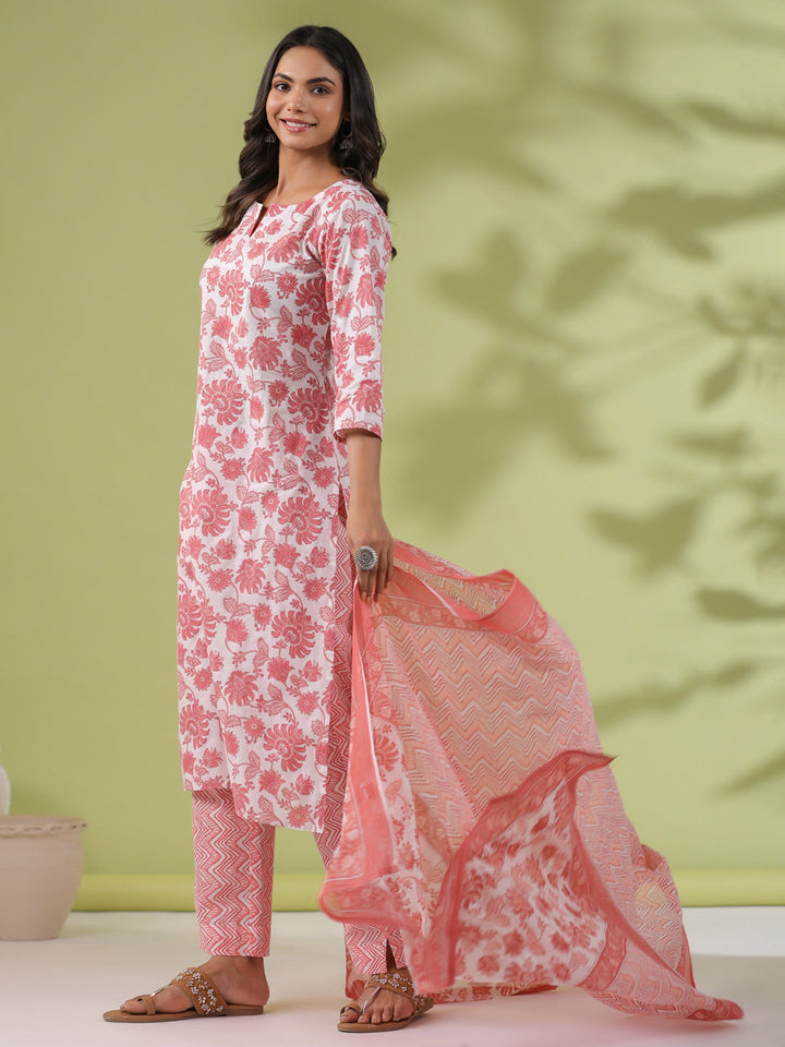 White Cotton Floral Straight Kurta Set  - By Janasya