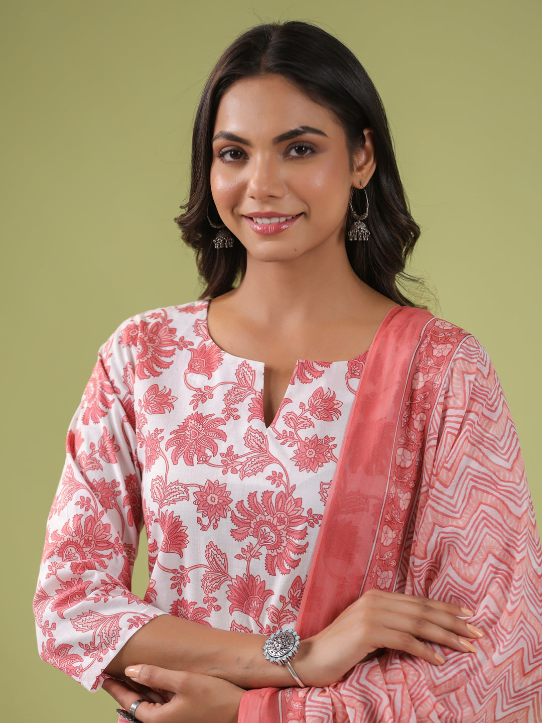 White Cotton Floral Straight Kurta Set  - By Janasya