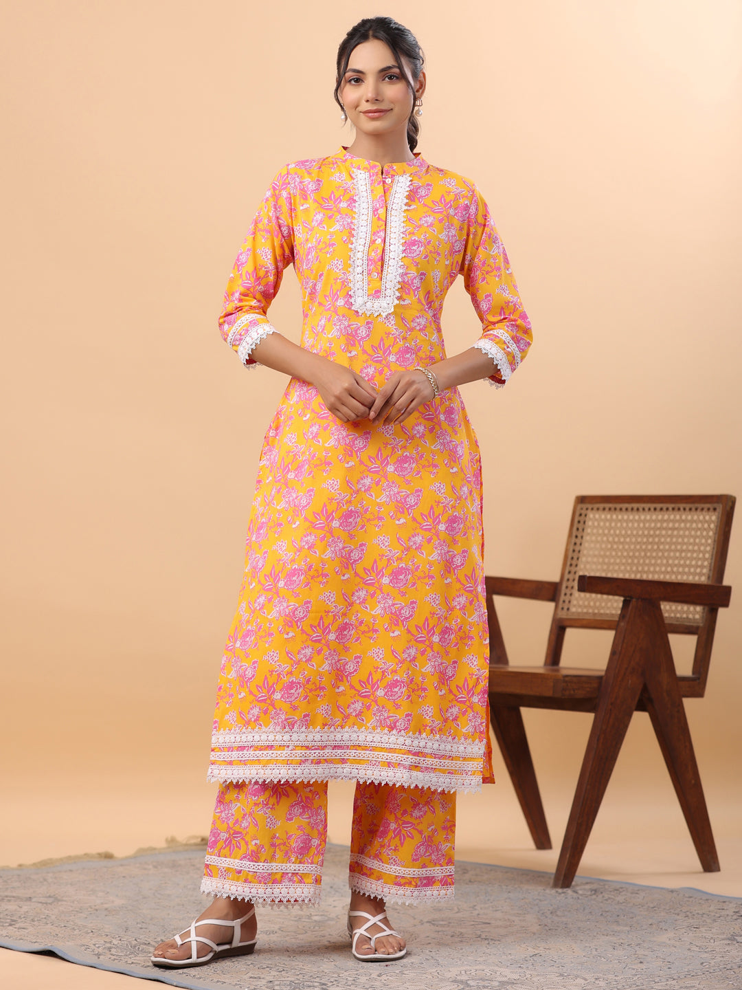 Orange Cotton Floral Regular Kurta Set  - By Janasya