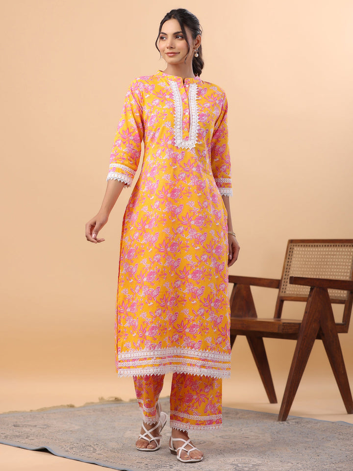 Orange Cotton Floral Regular Kurta Set  - By Janasya