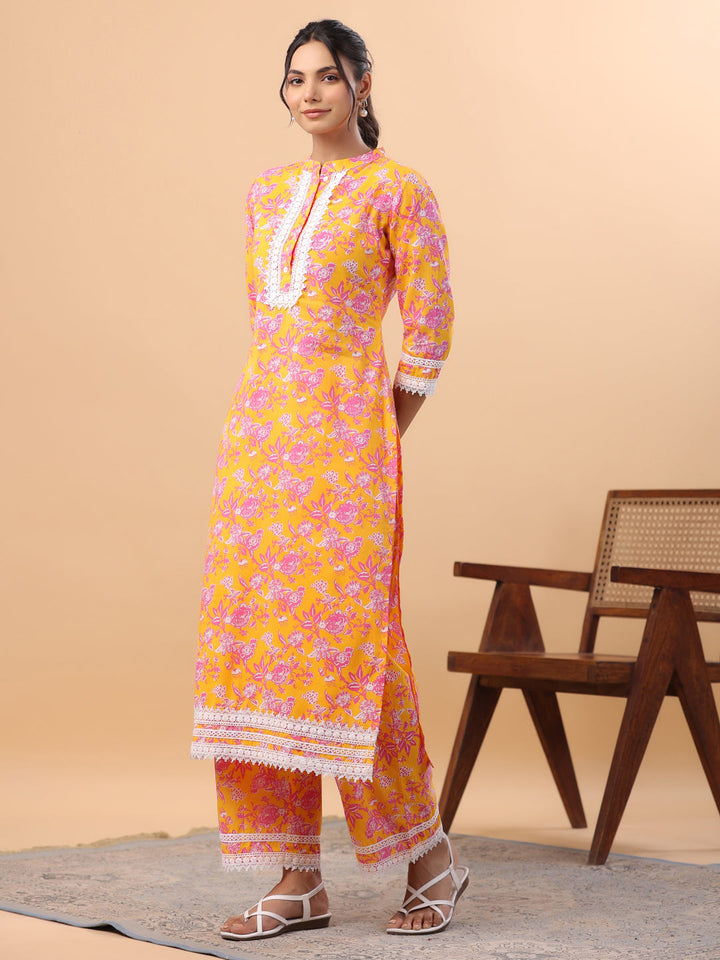 Orange Cotton Floral Regular Kurta Set  - By Janasya