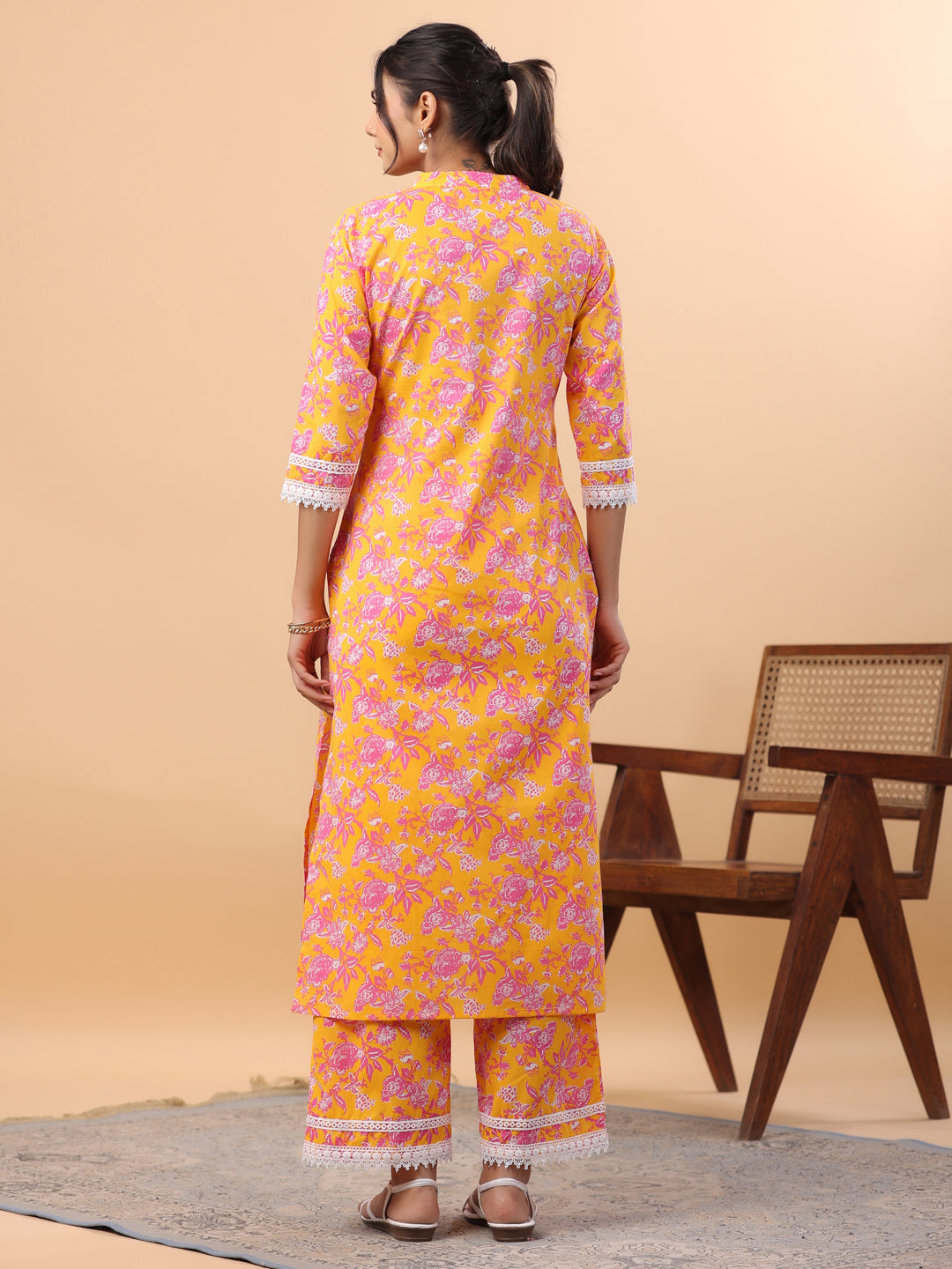 Orange Cotton Floral Regular Kurta Set  - By Janasya