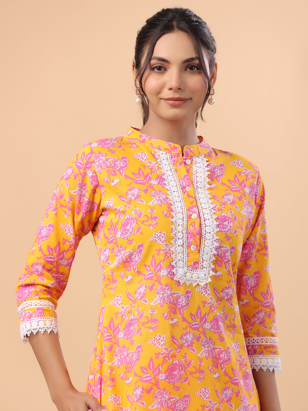 Orange Cotton Floral Regular Kurta Set  - By Janasya