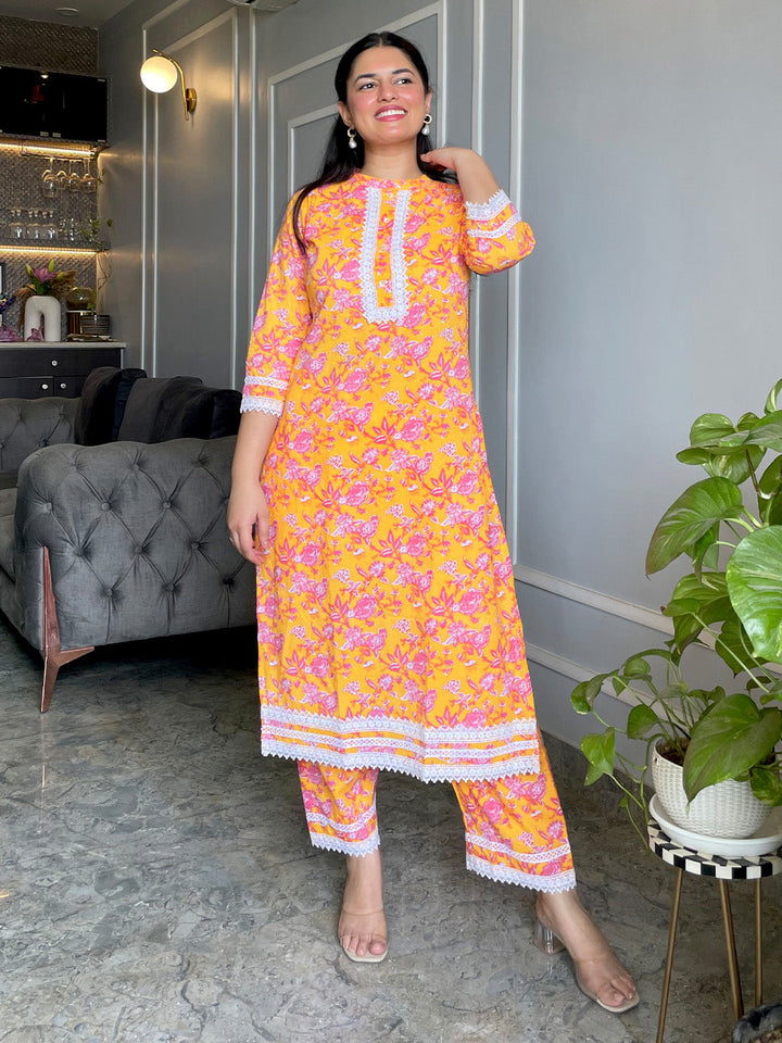 Orange Cotton Floral Regular Kurta Set  - By Janasya