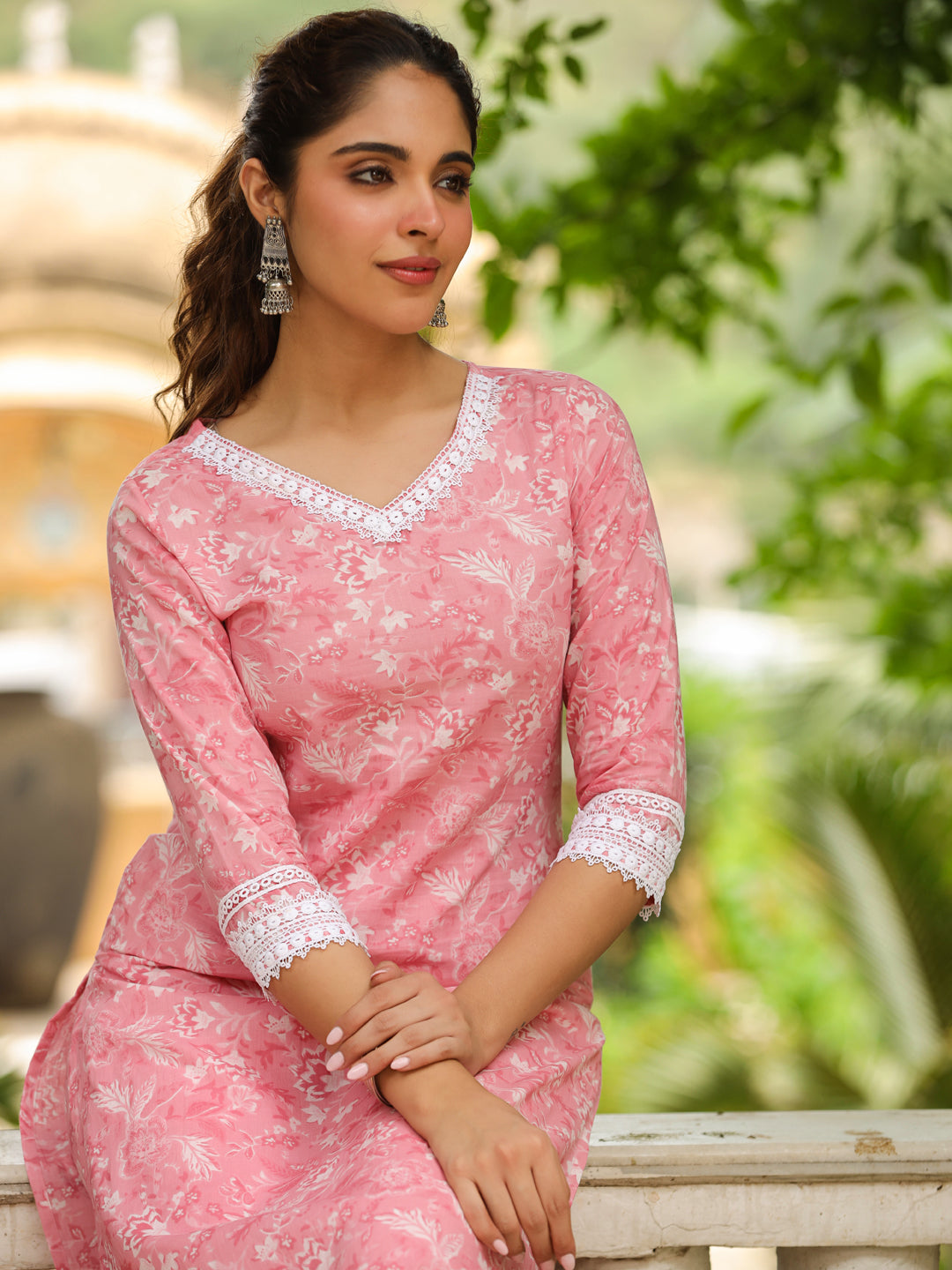 Pink Cotton Floral Regular Kurta Set  - By Janasya